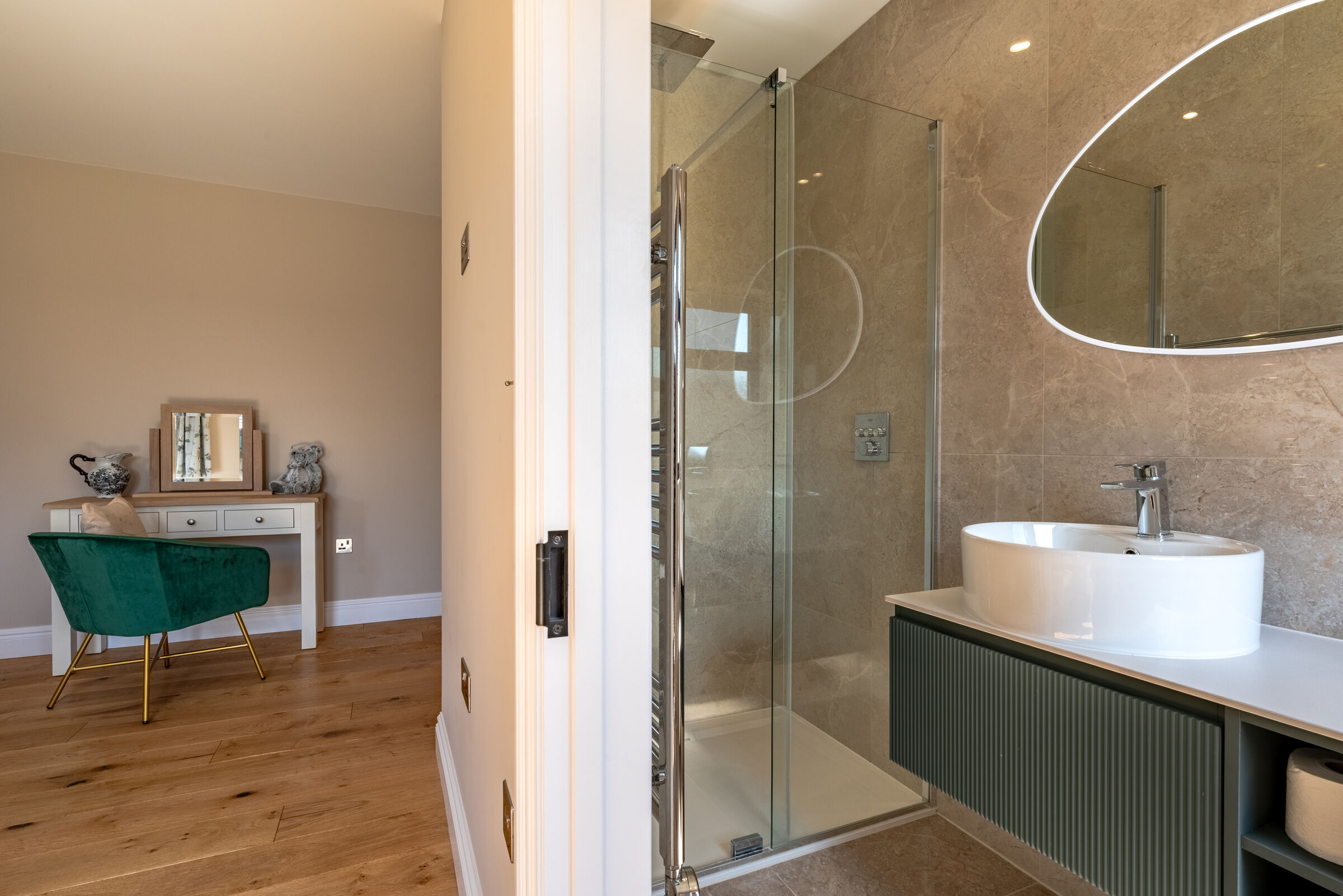 Walk-in marble shower with dressing area
